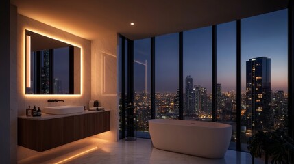 Luxurious modern bathroom with freestanding bathtub, illuminated backlit mirror, white marble tiles, and expansive city skyline views at dusk creating a serene and opulent atmosphere