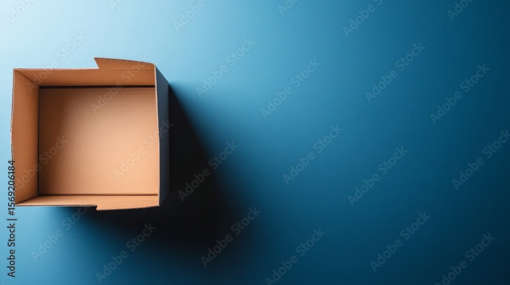 Aufkleber Simple open cardboard box on pastel blue background with soft shadow, clean design for product mockups and packaging display
