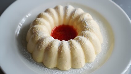 Elegant creamy dessert with red jelly center and powdered sugar dusting