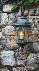 old lantern hanging on rustic stone wall.