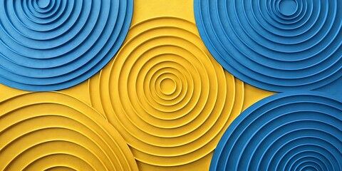 Abstract background featuring yellow and blue concentric circles with a textured surface design element