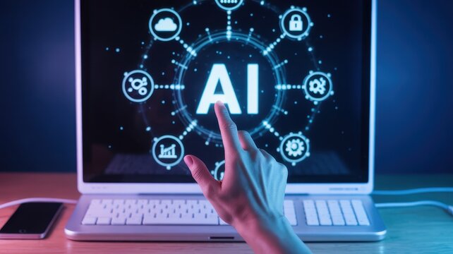 Hand Interacting with Futuristic AI Interface on Laptop Screen