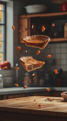 Three slices of pie flying above a kitchen counter.