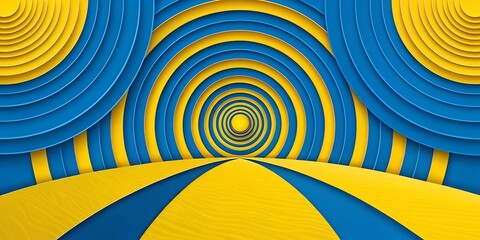 Blue and yellow concentric circles create a tunnel effect with a bright light at the end point view