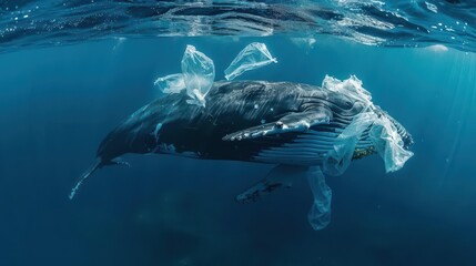 Fototapeta premium A whale swimming with plastic pollution, highlighting environmental issues.