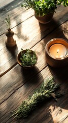 Rustic wooden table with fresh herbs and a candle.