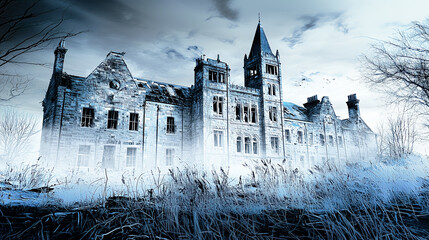 A spooky and derelict abandoned gothic mansion shrouded in mist on a dark, cloudy day.