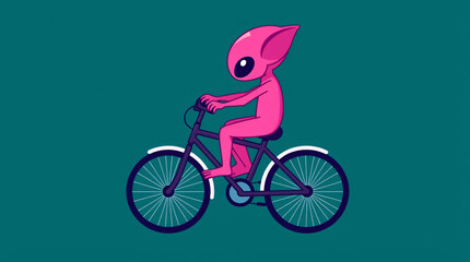 Obraz premium A pink alien creature happily riding a bicycle in a dark, minimalist setting.