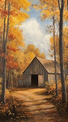 A peaceful barn surrounded by autumn trees.