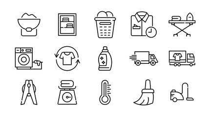 Laundry linear icon set. Wash, cleaning, service, dirty shirt, hand washing, machine, dryer, housework, dirty, washing machine, shirt, iron, hanger, clothes, vector icon set. UI thin line icon pack