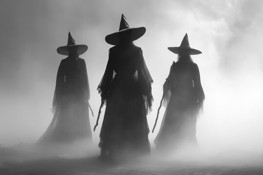 Three witches in long black dresses and pointed hats walking with wands through a foggy forest in black and white