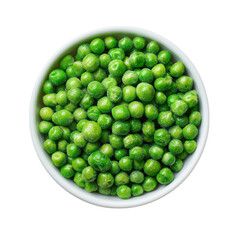 Overhead view of a bowl containing freshly frozen green peas isolated on white