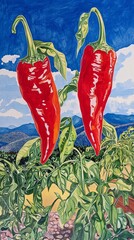 Three hot peppers soaring above a garden.
