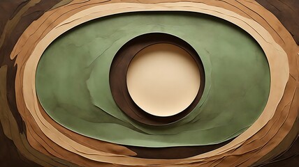 Abstract layered concentric shapes in shades of brown green and beige create a tunnel vision effect
