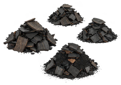 Four piles of dark gray and brown stone fragments on black on transparent background