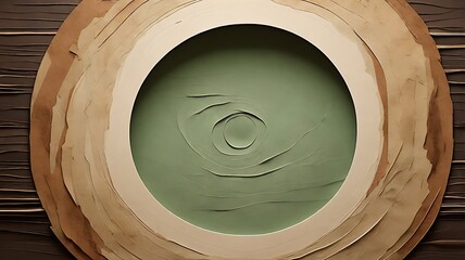 Abstract circular design with layered beige frame and green center with concentric circles art piece