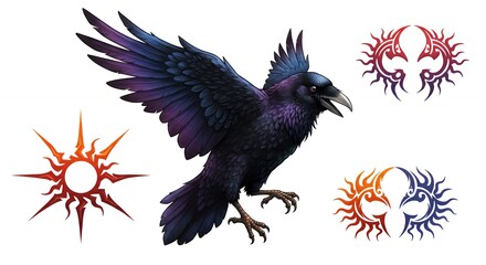Fototapeta premium Flying crow with tribal symbols