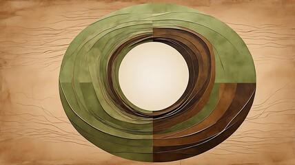 Abstract layered circle design in green and brown tones with a central light area on beige background