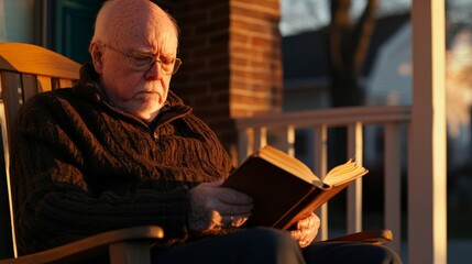 Elderly man relaxing on a wooden rocking chair on the front porch during sunset, engrossed in a book with warm golden light casting gentle shadows and highlighting weathered textures