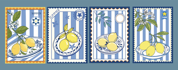 Summer in Amalfi Coast – Mediterranean Seamless Vector Pattern with Lemons, Sardines, Italian Blue Tiles and Ceramics – Perfect for Invitations, Posters, Stamps, and Cards