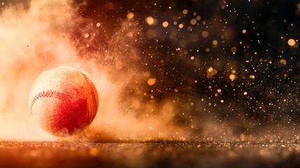Dynamic fiery cricket ball in motion with sparks and smoke trail on a dark background, intense and vibrant sports photography capturing speed and energy