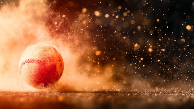Dynamic fiery cricket ball in motion with sparks and smoke trail on a dark background, intense and vibrant sports photography capturing speed and energy