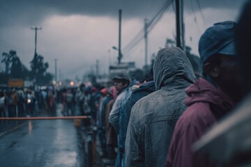 Civilians lining up at border checkpoint under heavy surveillance, fear, tension, and hope on their faces photojournalism style, atmospheric realism 