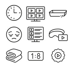 Movie Binge Icons. Outline style icons of Movie Binge Night: clock past midnight, multiple episodes screen, empty snack tray,
