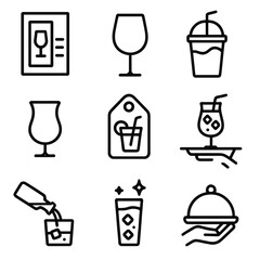 Summer Drink Icons. Outline style icons of Restaurant Summer Beverages Silhouette: menu drink icon, signature glass outline, straw