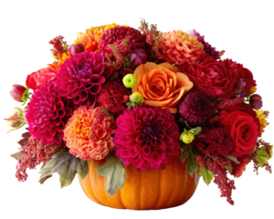 Vibrant autumn flower arrangement with red dahlia, orange rose, and marigold in pumpkin vase, creating festive and cheerful seasonal centerpiece