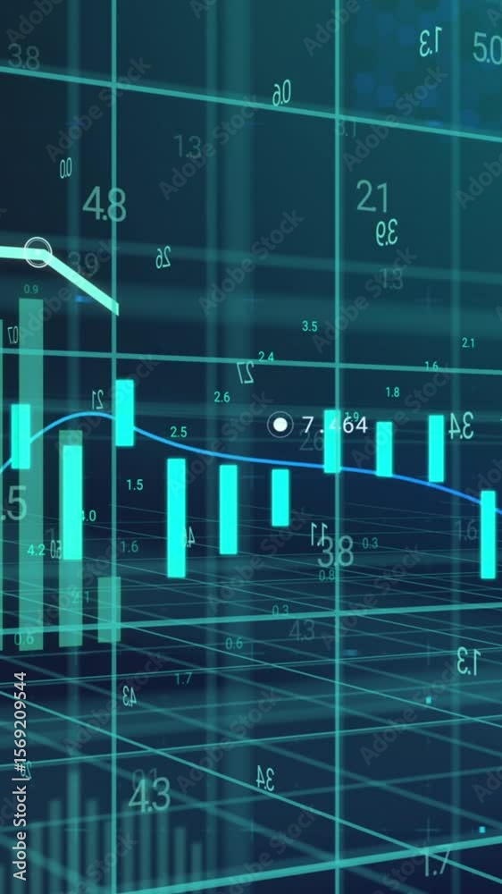 Poster animation of graphs and processing data over grids on black background