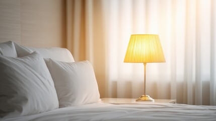 Cozy bedroom scene featuring soft pillows on a neatly made bed with a warm lamp illuminating the space, creating a serene and inviting atmosphere