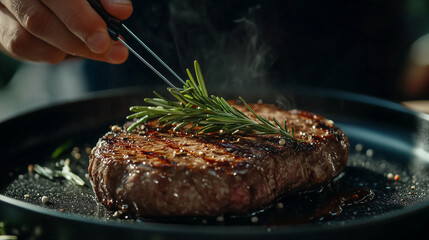 Chef decorating a plate with freshly grilled meat . Cooker adding a piece of rosemary with tweezers on top of steak - food art gourmet dinner.
