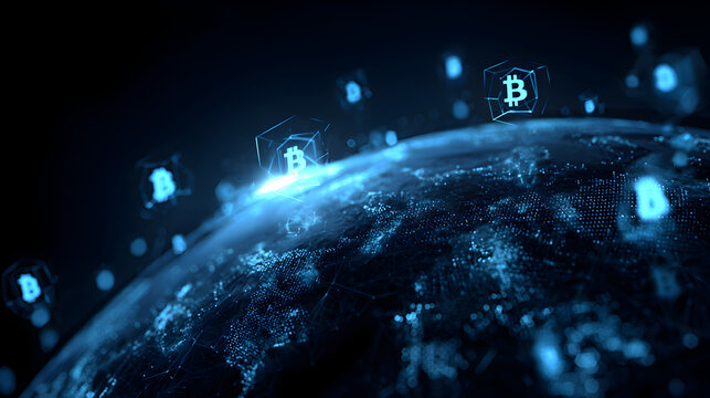 Bitcoin symbols floating above a digital earth globe in a dark blue virtual environment space
