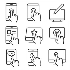 Outline Touchscreen Icons. Outline style icons of Touchscreen Interaction: finger with smartphone, hand touching tablet, stylus on