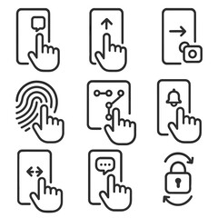 Lock Screen Gestures Icons. Outline style icons of Lock Screen Gestures: tap to view notification, swipe up to unlock, swipe to