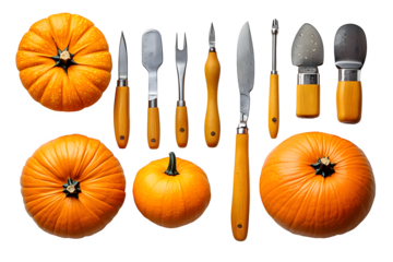 Pumpkin carving kit with specialty tools isolated on white background
