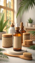 Natural skincare product display in warm sunlight