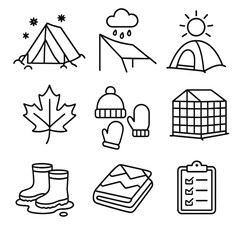 Seasonal Camping Icons. Outline style icons of Seasonal Camping: snow tent, rainy day tarp, summer sun protection, autumn leaf