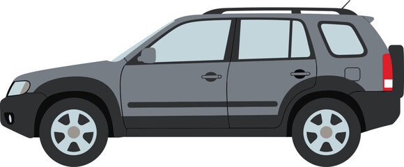 A gray SUV illustration, depicted in a side view, showcasing details such as wheels, windows, and lights.