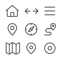 Navigation Icon Set. Outline style icons of Navigation Symbols: home, back arrow, forward arrow, hamburger menu, location pin,