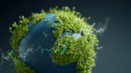 A green earth globe with a white line graph overlayed showing growth and environmental awareness concept