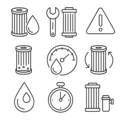 Filter Maintenance Icons. Outline style icons of Maintenance and Replacement: filter change icon, wrench and cartridge, alert