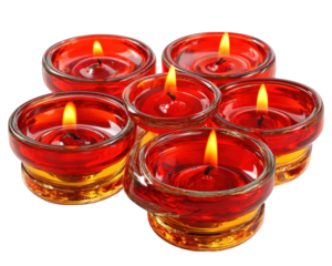 Red tea light candle set glass holder burning flame aromatic home decor relaxation spa isolated vibrant warm ambiance perfect for meditation or romantic atmosphere