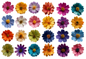 Craft paper floral series, minimalistic colorful daisies arranged in grid, handcrafted appearance, editorial or decorative use isolated on white or transparent background