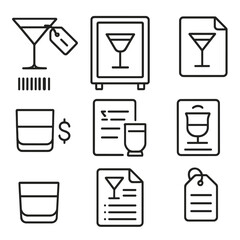 Cocktail Outline Icons. Outline style icons of Menu and Labeling for Cocktails: cocktail glass with label tag, drink name on label