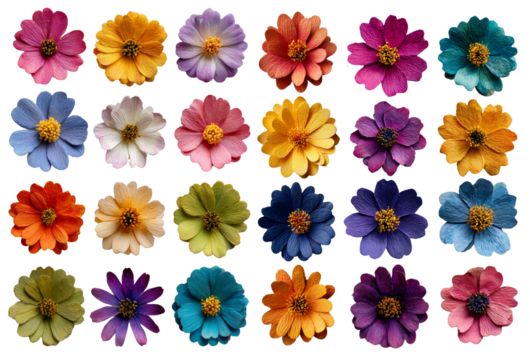 Craft paper floral series, minimalistic colorful daisies arranged in grid, handcrafted appearance, editorial or decorative use isolated on white or transparent background