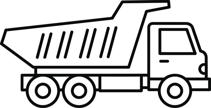 Simple black and white illustration of a dump truck, side view.