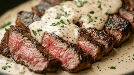 High quality close up of medium rare steak, creamy sauce.