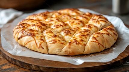 Freshly baked cheese pizza with golden, crispy crust and melty topping on wooden serving board